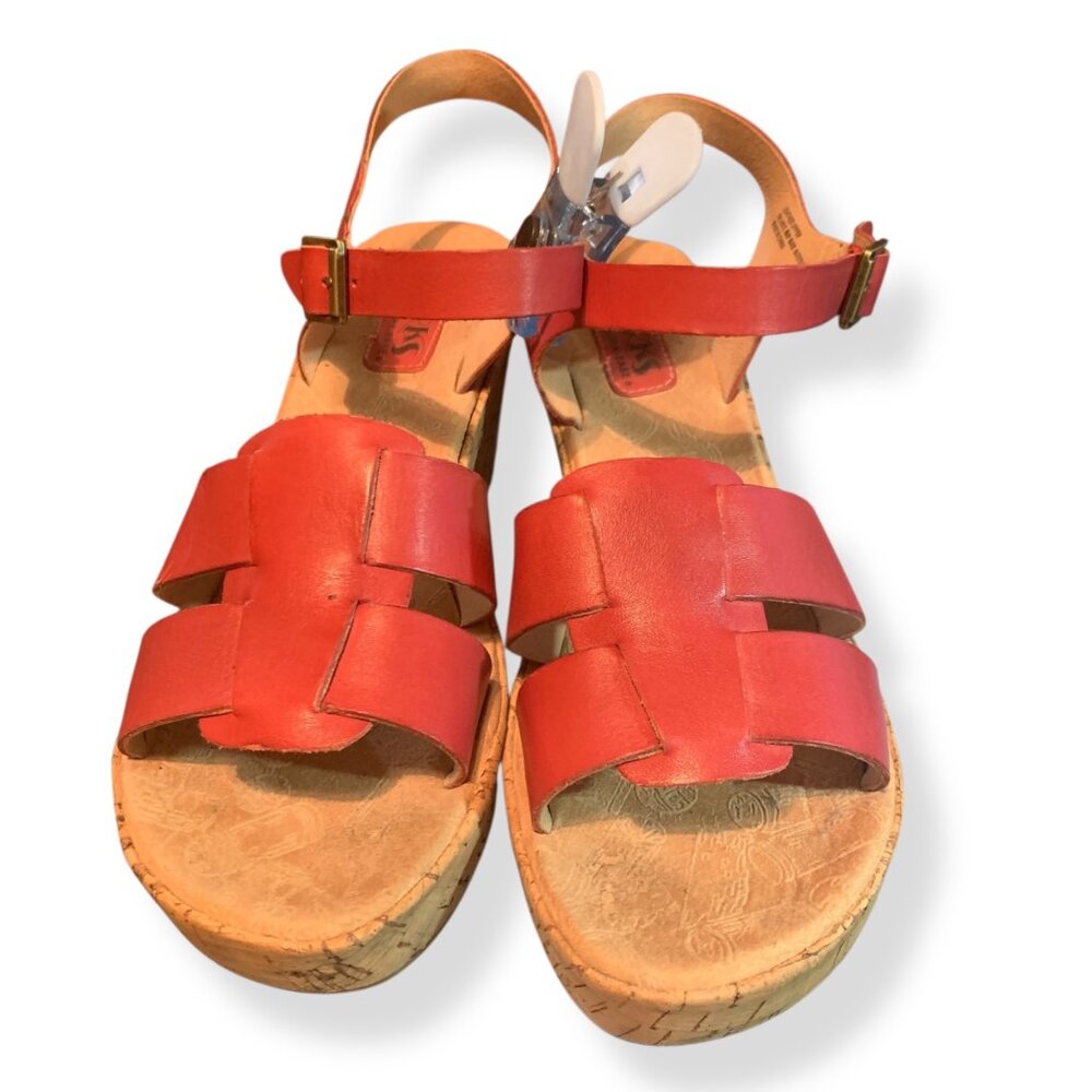 Red Leather Wedge Sandals With Cork Sole & Adjustable‎ Ankle Strap